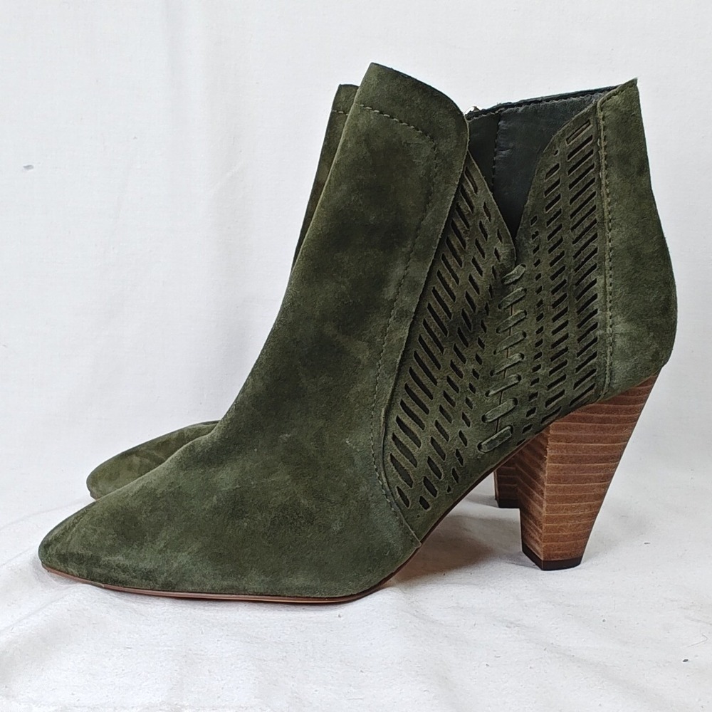 Vince Camuto Rotiena Ankle Boots Olive Green Suede Perforated Black Heel 9M - Picture 3 of 9